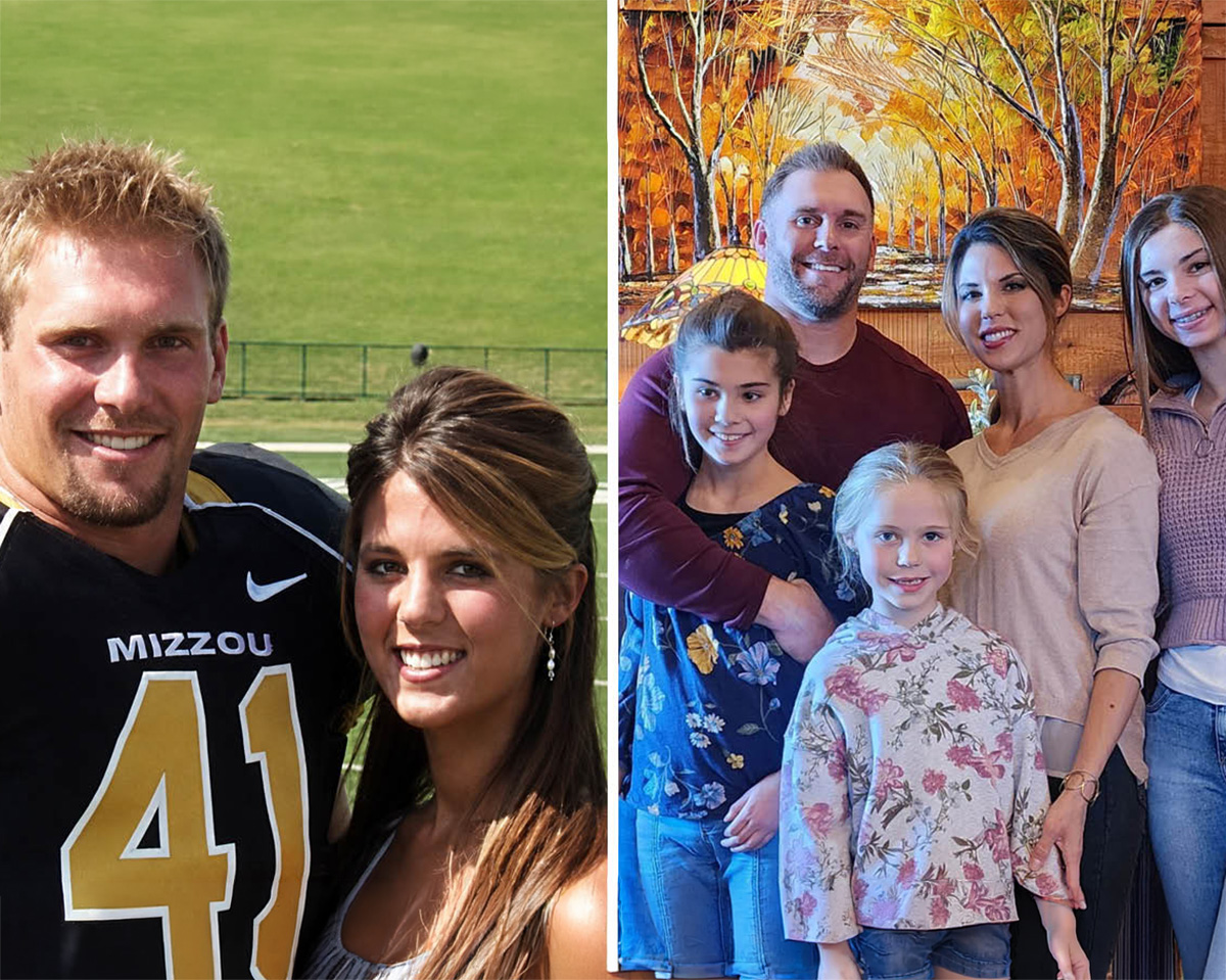 Left: John Ruth, BSBA '08, and Kasey (Loren) Ruth, BS Ed '08, pose on Faurot Field in 2007. Right: the Ruth family in 2024.