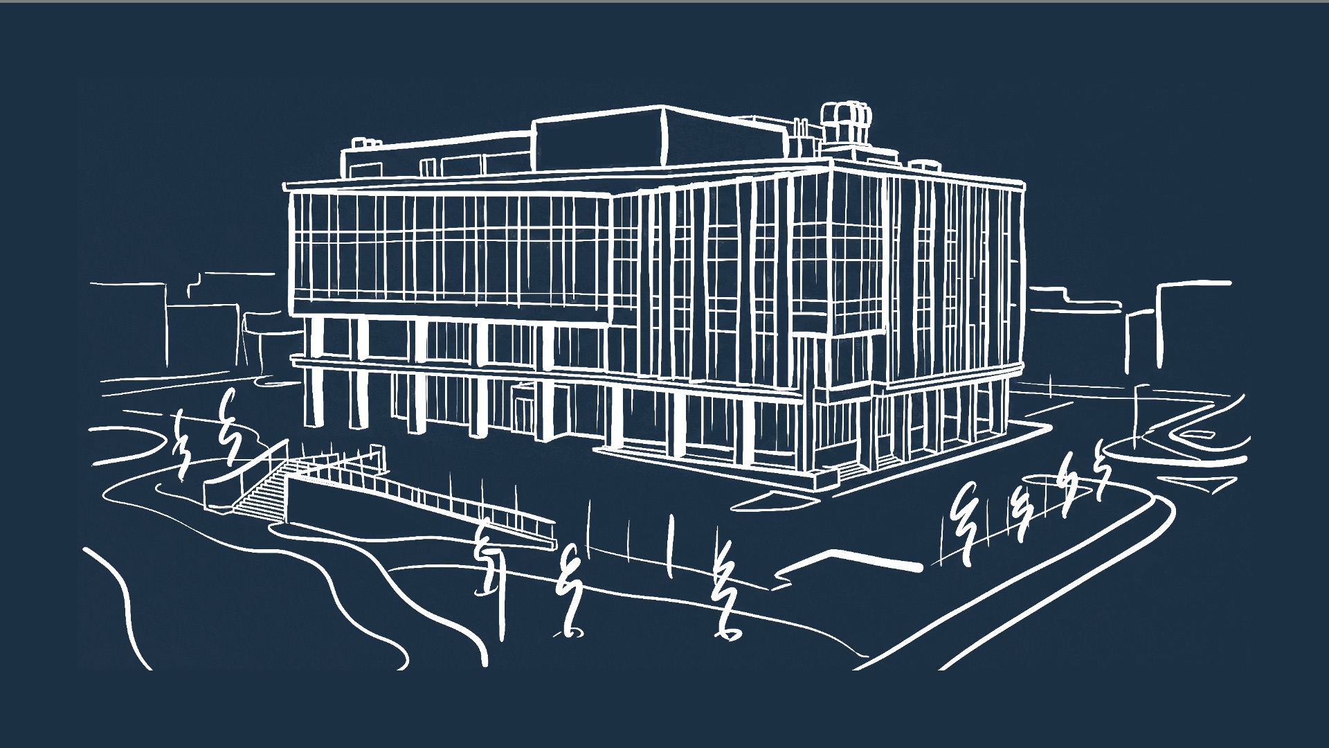 A hand-drawn illustration of the NextGen building on a blue background