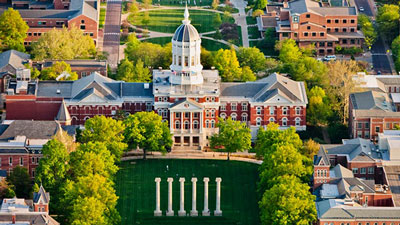 Aerial view of Jesse Hall and The Columns on Francis Quadrangle